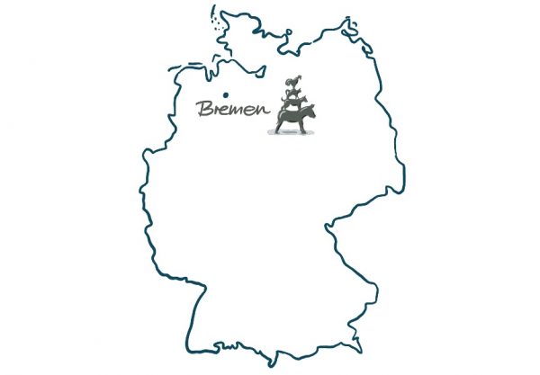Deutschlandkarte Bremen markiert mit Zeichnung der Bremer Stadtmusikanten