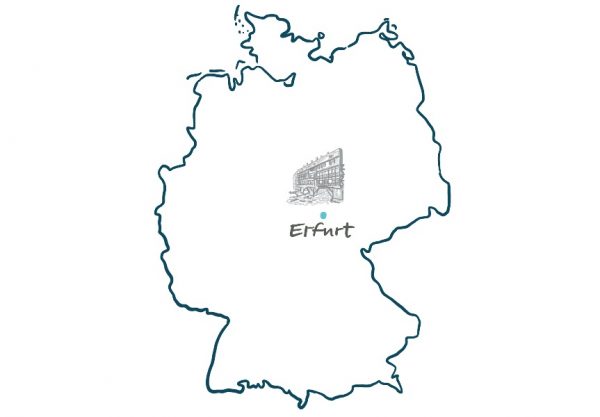 Deutschlandkarte Erfurt markiert mit Zeichnung der Krämerbrücke