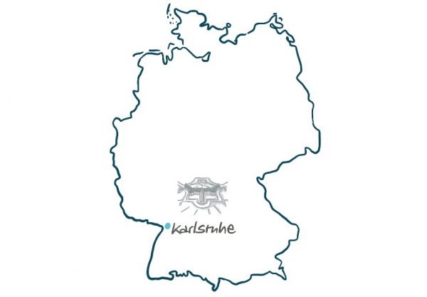 Deutschlandkarte Karlsruhe markiert mit Zeichnung des Karlsruher Schlosses
