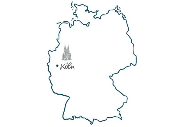 Deutschlandkarte Köln markiert mit Zeichnung des Kölner Doms