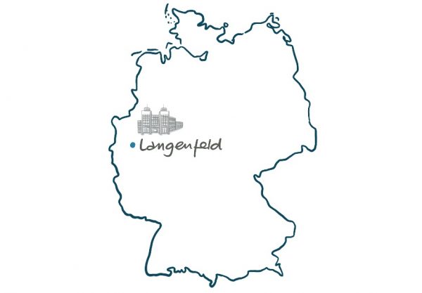 Deutschlandkarte Langenfeld markiert mit Zeichnung des Wahrzeichens