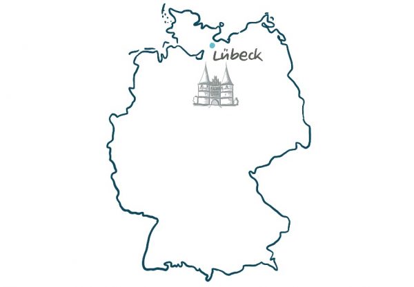 Deutschlandkarte Lübeck markiert mit Zeichnung des Holstentors