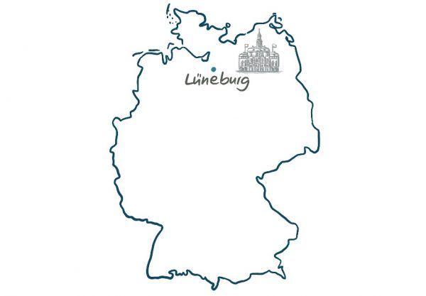 Deutschlandkarte Lüneburg markiert mit Zeichnung des historischen Rathauses