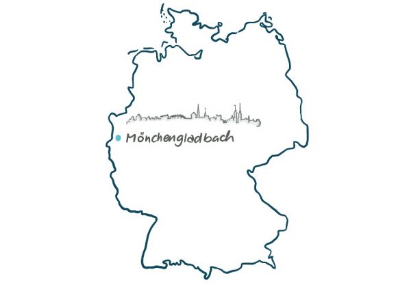 Deutschlandkarte Mönchengladbach markiert mit Zeichnung der Skyline