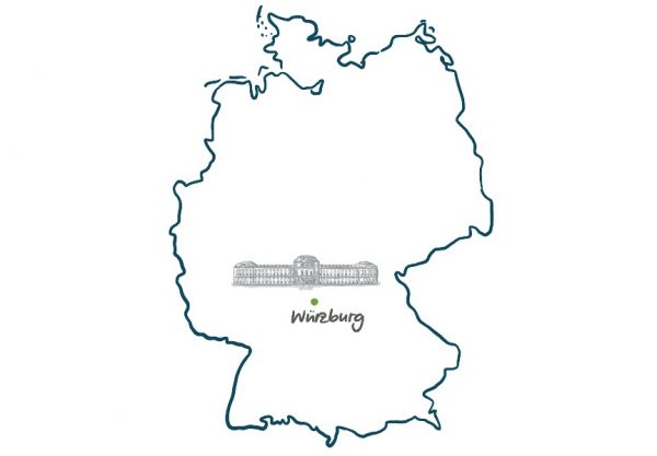 Deutschlandkarte Würzburg markiert mit Zeichnung der Würzburger Residenz