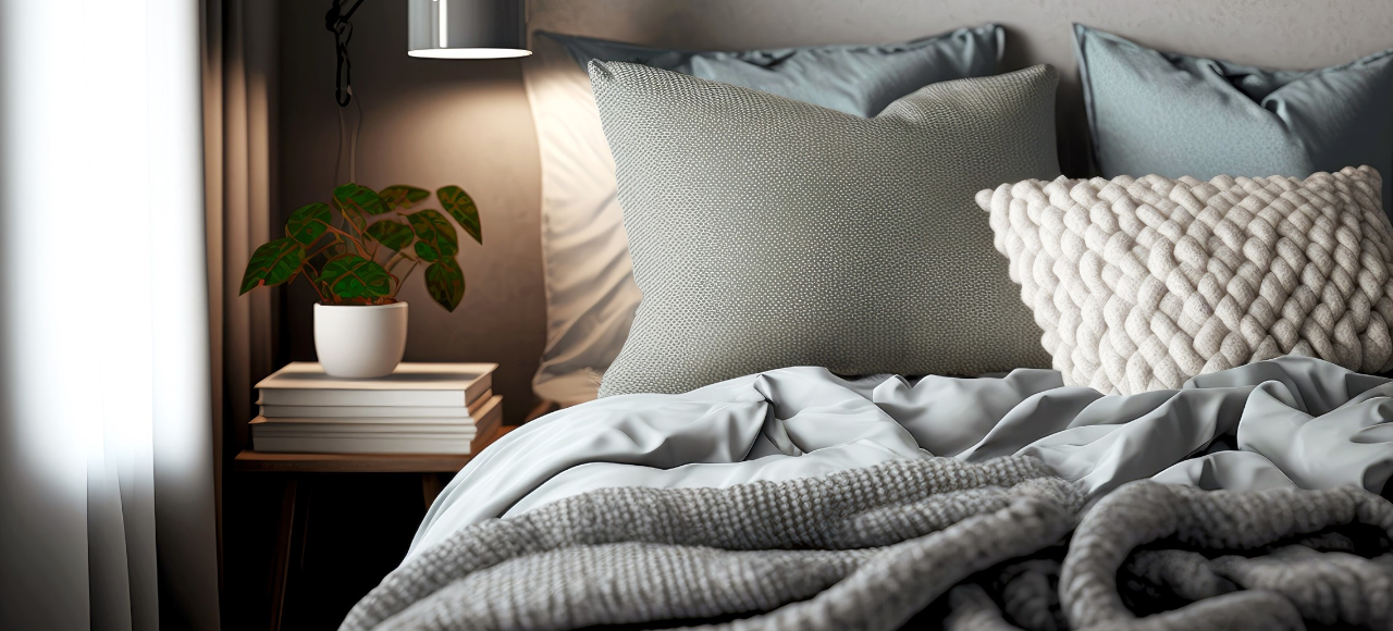 die Abbildung zeigt die Frontansicht eines Bettes mit Kisse und Decken, links steht eine Lampe auf einem Nachttischchen. 