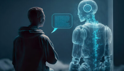 Bild eines Menschem, der mit einem Roboter spricht