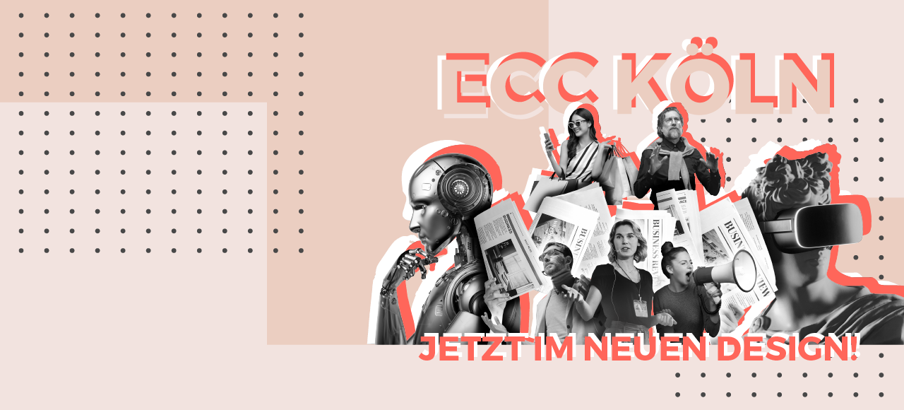 Grafik für en ECC KÖLN Relaunch. Gezeigt werden schwarz-weiß Fotos mit grafischen Elementen.