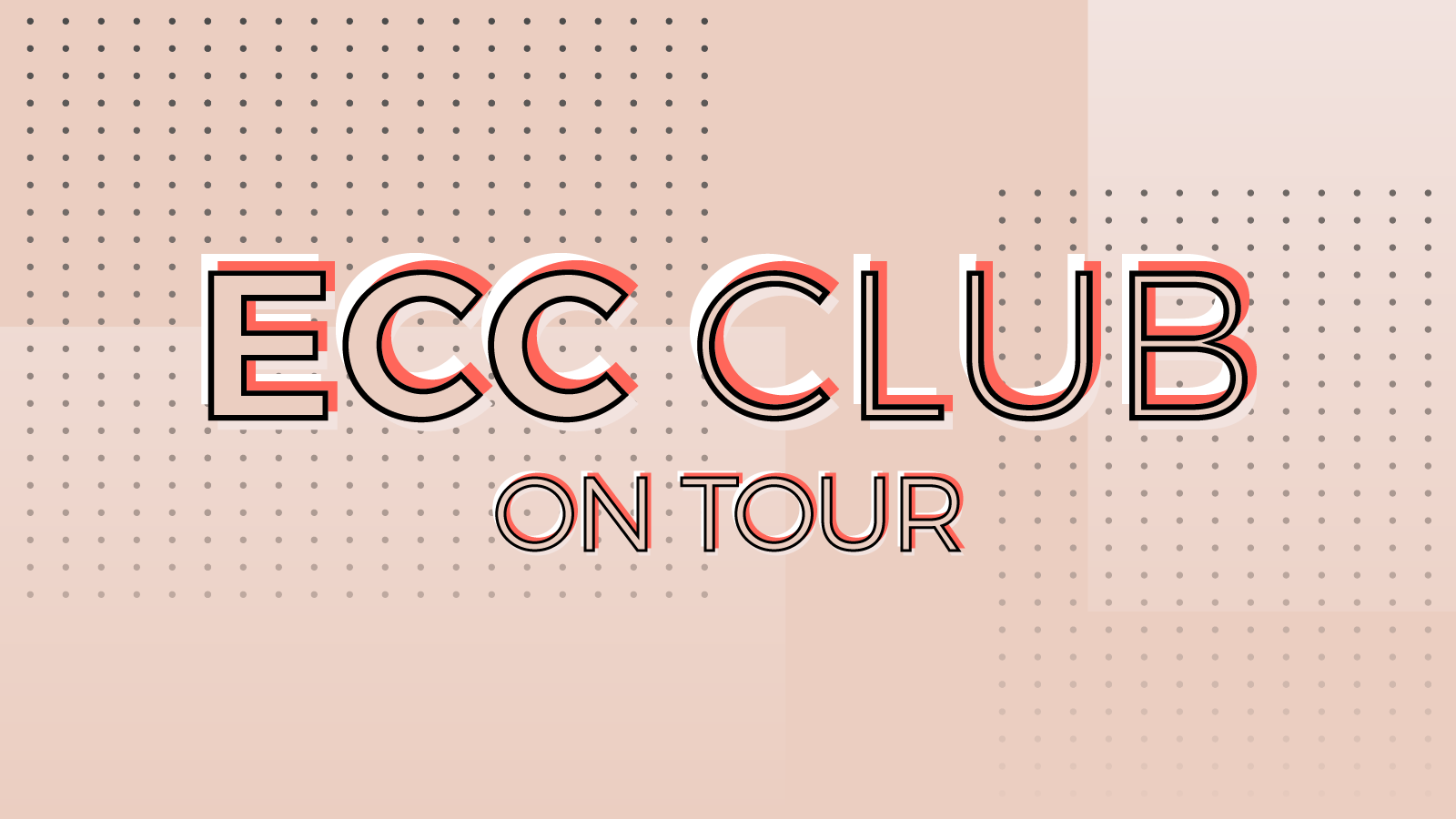 Die Grafik zeigt das Logo der ECC CLUB on tour auf einem Hintergrund aus Vierecken und Punkten.