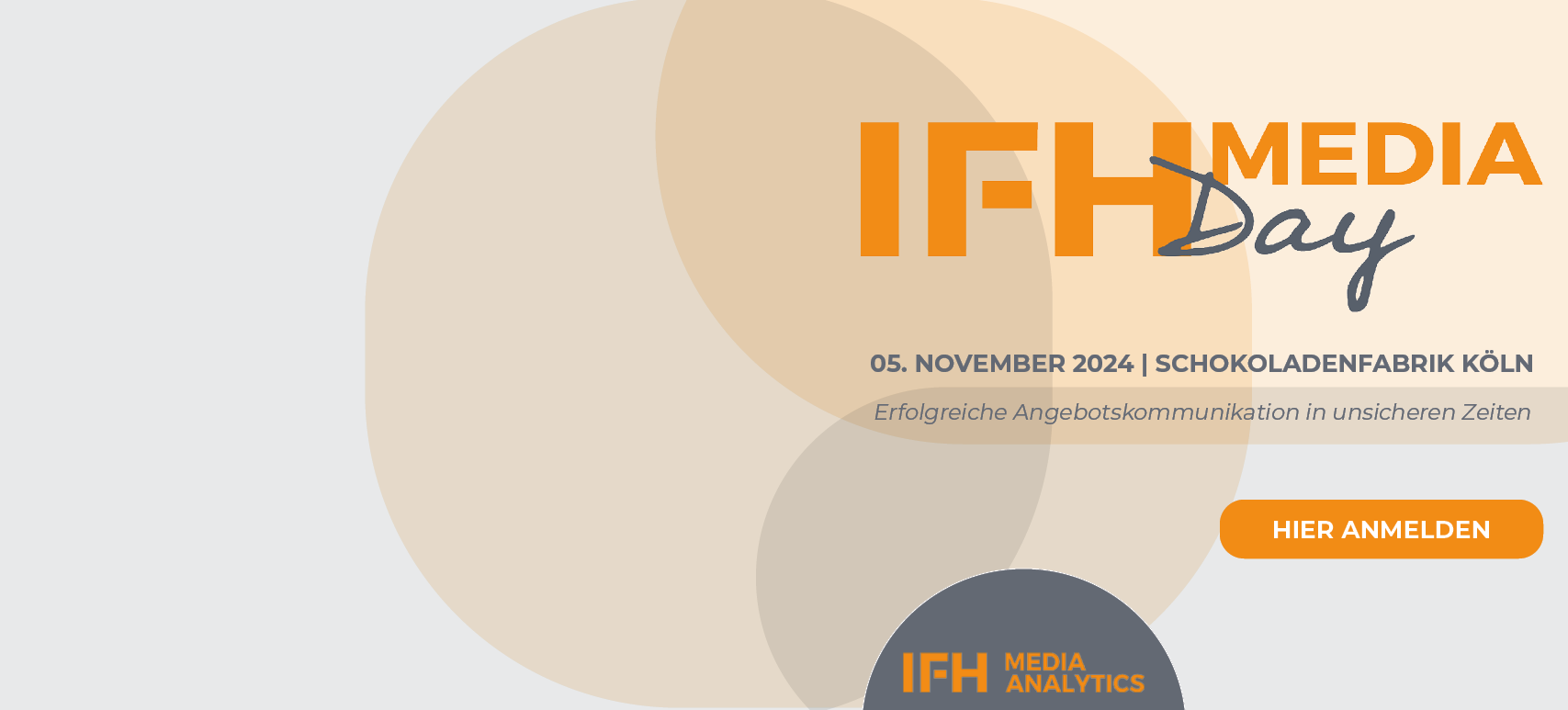 Die Grafik zeigt das Logo des IFH MEDIA DAY mit grafischen Formen wie Kreisen und Dreiecken im Hintergrund.
