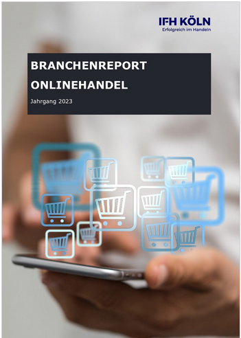 Das Bild zeigt das Cover des Branchenreport Onlinehandels 2023 mti einer Hand, die ein Handy hält aus der verschiedenen Einkaufssymbole fliegen.